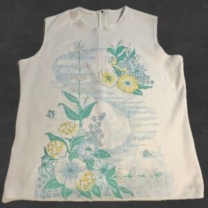 VINTAGE 60s 70s sleeveless tank top pastel floral flower upper back teal seafoam
